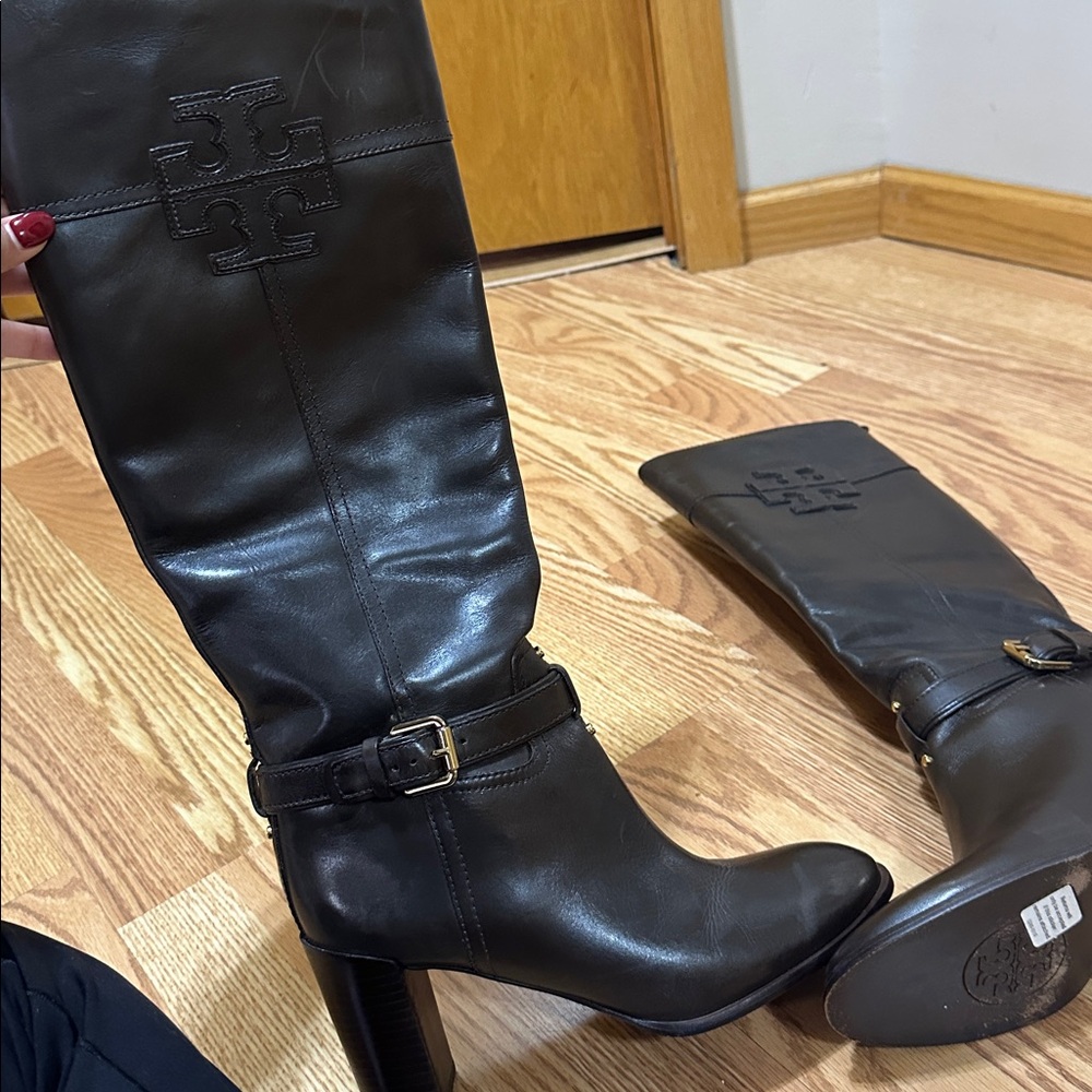 Tory Burch Dark Brown Leather and Gold Buckle Heeled Boots